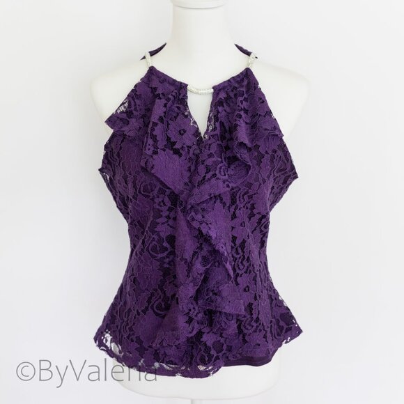 VENUS Tops - Venus Halter Top Size 12 L Purple Lace Waterfall Ruffle Y2K Fairycore Whimsical